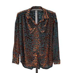 JODIFL Teal & Burnt Orange Burnout Velvet Button-Up Top LARGE Artsy Animal Print